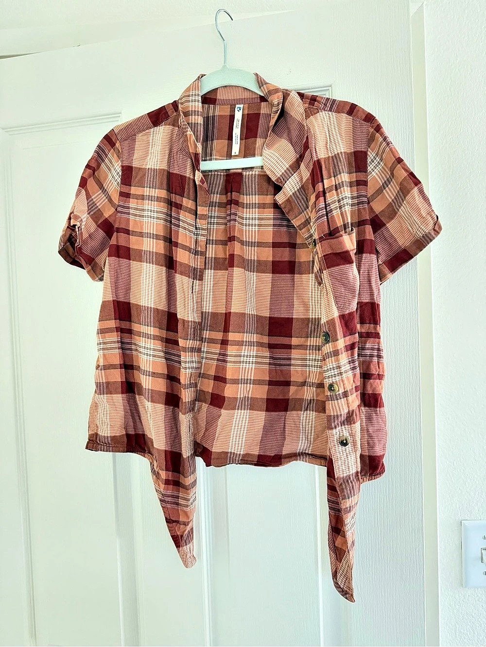 Kuhl Elsie Short Sleeve Plaid Tie-Front Top Brown & Pink Like New